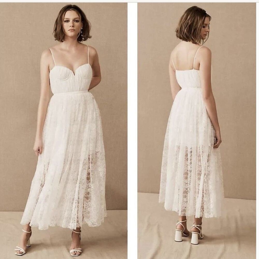 BHLDN Ivory Lace Tea-Length Spaghetti Strap Wedding Dress